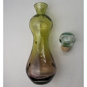 Hand Blown Spanish Art Glass Decanter Ombre Olive Amber Plum Genie Bottle W Plug
